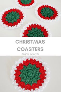 crocheted christmas coasters with red, green and white yarn