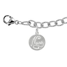 Start a sweet look for your Grandma with this chain bracelet form Rembrandt Charms®. Fashioned in sterling silver, this design features a textured disc with the word "Nana" inscribed in a polished script font. Buffed to a brilliant luster, this 7.0-inch textured link chain bracelet secures with a lobster claw clasp. Textured Bracelet, Link Chain Bracelet, Rembrandt, Script Font, Link Chain, Sterling Silver Bracelets, Lobster Claw, Chain Bracelet, Design Features