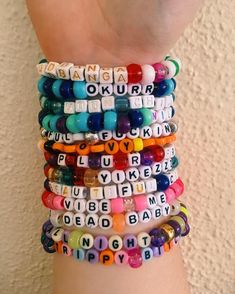 Kandi Bracelets - perfect for raves and festivals! Easy to put on and wear.  Please put in the personalization box which phrases you would like, along with your favourite colours (or leave no colour suggestions for a random assortment!) If you don't want to worry about choosing the phrases you want, check out my random kandi packs here: https://etsy.me/3cNNroL   Packs go up in increments of five, with twenty-five being the maximum amount.  If you need more than 25 please contact me and I will be Kandi Phrases, Rave Candy, Rave Bracelets, Bracelet Stuff, Pony Bead Bracelets, Kandi Inspo, Rave Accessories, Bracelet Pack, Kandi Ideas