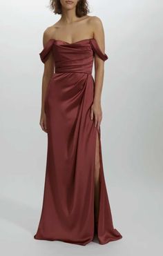 Style P437S: Fluid satin off-the-shoulder draped gown with side slit by Amsale Evening Morristown, NJ Off Shoulder Bridesmaid Dress, Amsale Dress, Draped Gown, Morristown Nj, Girls Dress Shop, Drape Gowns, Dusty Rose Dress, Bridal Shower Dress, Wedding Dress Accessories