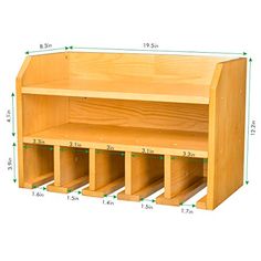 a wooden shelf with six compartments and measurements