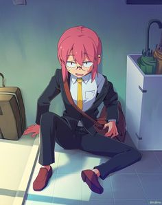 an anime character sitting on the floor with his legs crossed, wearing a suit and tie