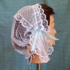 Lacy Daycap With Short Lappets Day Cap Historical Headwear | Etsy Elegant Lace Bonnet With Lace Trim, Adjustable Lace Wedding Bonnet, Wedding Bonnet With Lace Trim, Fitted Vintage Bonnet With Lace Trim, Vintage Wedding Bonnet With Lace Trim, Mountain Man Rendezvous, Cap Veil, Period Pieces, Historical Dress