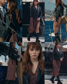 several photos of people in different outfits on a boat, one woman is wearing boots and the other has long hair