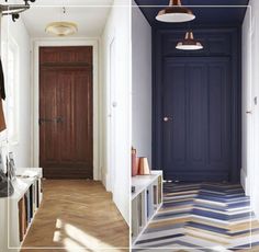 the hallway is decorated in blue and white with herringbone flooring on both sides