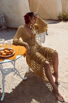 Ladies Long Dress in Gold Color Crochet / Made to Order - Etsy