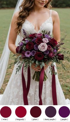 the bride is holding her wedding bouquet with red and purple flowers on it, along with matching color swatches