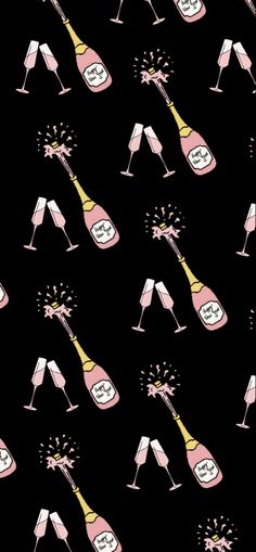 a black background with pink champagne bottles and glasses filled with sparkling confetti on it