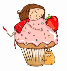 a girl with a strawberry on top of a cupcake