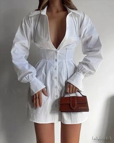 Lasaky - Long Sleeve Button Up Corset Shirt Dress Shirt Dress With Corset, Corset Shirt Dress, Long Sleeve Corset, Dress With Corset, Corset Shirt, Button Down Shirt Dress, White Long Sleeve Dress, White Dresses For Women, White Shirt Dress