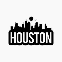 the word houston in front of a cityscape with birds flying over it and buildings