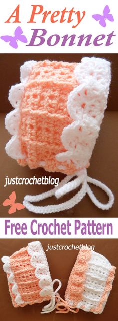 the crocheted bonnet and mitts are shown in two different colors, one is pink