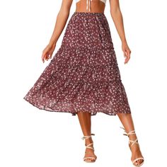 It is a perfect piece to be paired with a crop top or basic tee and sneakers for a stunning day look or styled with sandals to go out! A versatile floral skirt for daily casual style, or an eye-catching piece as a chiffon skirt. This long chiffon skirt creates an effortlessly elegant silhouette with its cinched waist and a tiered hem. This A-line skirt features a dainty floral print, ruched ruffles, and a tiered design in a perfect ankle length. Cut from chiffon fabric and soft lining with a flo Maxi Tiered Skirt, Picnic Skirt, Boho Midi Skirt, Midi Skirt Brown, Skirts Brown, Long Chiffon Skirt, Long Floral Skirt, Ruffle Maxi Skirt, Teacher Clothes