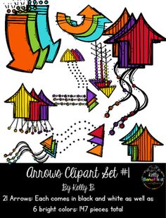 an artistic clipart set 1 includes colorful shapes and colors, including arrows in black and white as well as 6 bright colors