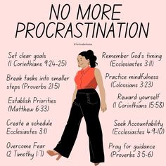 a woman in black pants and an orange shirt with the words no more procrastination