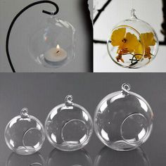 three clear glass ornaments with yellow flowers in them and one is hanging from the ceiling