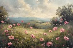 a painting of pink flowers in a field