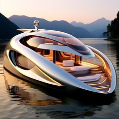 a futuristic boat floating on top of a body of water with mountains in the background