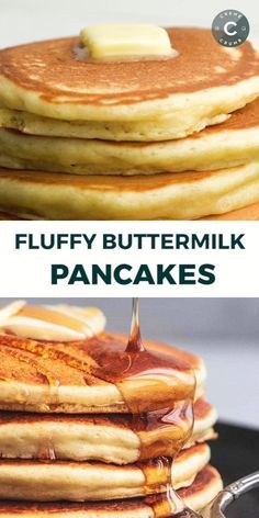 fluffy buttermilk pancakes with syrup being drizzled on them