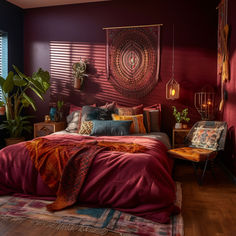 a bed room with a neatly made bed next to a chair and potted plant