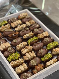 a box filled with lots of different types of chocolates on top of a table