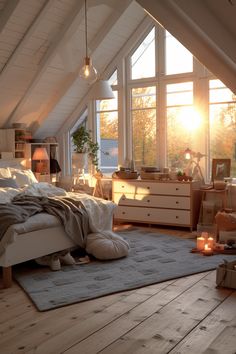 an attic bedroom with wooden floors and white walls, large windows on the side wall