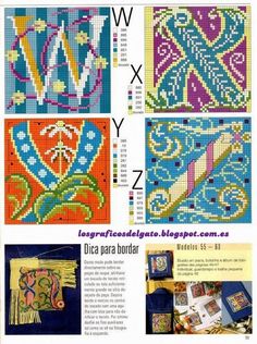 cross stitch patterns and instructions from the book, with pictures of different designs on them