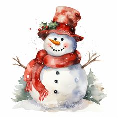 a watercolor painting of a snowman wearing a red hat and scarf