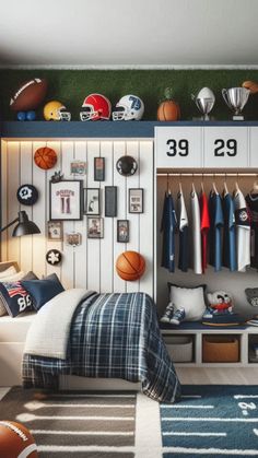 Sports-themed decor with locker-style storage and equipment racks for the young athlete.	sports bedroom boys, locker bed design	#SportsEnthusiast #LockerBedroom #AthleteRoom Sports Theme Bedroom Ideas, Sports Apartment Decor, Tenageers Room Boy Ideas, Basketball Room Ideas For Boys, Small Bedroom Ideas For Boys, Teen Boy Bedroom Aesthetic, Soccer Bedroom Ideas, Teenager Boys Bedroom Ideas, Boys Sports Bedroom