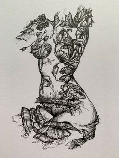 a drawing of a woman's torso with flowers and leaves on the bottom half