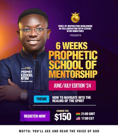 an ad for the church's website with a man in glasses and a purple background