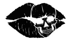 a black and white image of a skull with glasses on it's lips, in the shape of a kiss