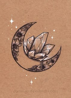 a drawing of a crescent moon with crystals on it's side and stars in the background