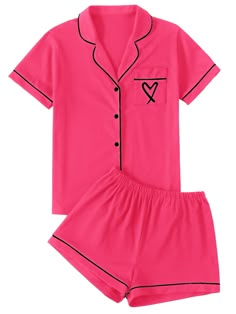 PRICES MAY VARY. Two piece sleepwear set feature with button down shirt and a pair of elastic waist shorts. Soft fabric, breathable and comfy to wear. Notch neck button front shirt top with a chest pocket with heart embroideried, elastic waistband shorts. Summer V neck shorts lounge set for women and girls. Contrast solid color, piping binding trim design, cute and elegant loungwear set. Relaxed fit and cozy style that you can style from day to night. Short sleeve notch collar pajamas set suitab 2000s Pjs, Baddie Pjs, Preppy Pjs, Wardrobe Build, Night Shirts For Women, Night Wear Pajamas, Pajamas Outfit, Pajama Sets For Women, Shorts Sleepwear