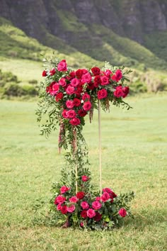 a floral arch with red roses on it in the grass near a grassy field and mountains