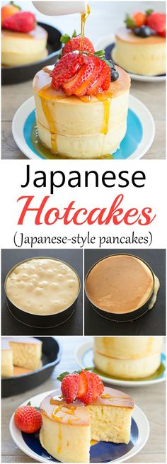 japanese hotcakes with strawberries on top and pancakes in the middle, topped with syrup