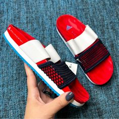 Brand: Adidas X Stella Mccartney Style: Stella-Lette Slide Sandals Color: Red/White/Blue Size: Us Women's 6 Condition: New With Tags, No Box. Inventory: 787562321 Summer Adidas Slides, Summer Slides With Red Sole, Adidas Blue Sandals For Spring, Spring Blue Adidas Sandals, Adidas Sporty Sport Sandals For Spring, Trendy Red Slide Sandals, Red Flat Slides For Spring, Adidas Summer Slide Sandals, Adidas Slide Sandals For Summer