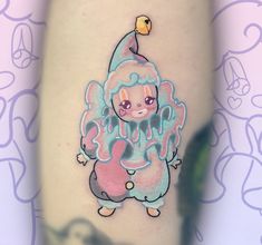 Kawaii Stomach Tattoo, Kawaii Shoulder Tattoo, Creepy Kawaii Tattoo, Cutsy Tattoos, Clown Tattoo Cute, Kawaii Flash Tattoo, Cute Clown Tattoo, Kawaii Tattoo Ideas, Pastel Tattoos