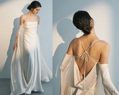 the back of a woman's dress is shown in three different angles, including one with