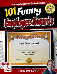 the front cover of 101 funny employee awards, including an award certificate and a man in a suit