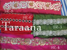 several different types of sari with sequins and beads on the sides, all in various colors