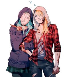 two women standing next to each other with one holding a knife and the other wearing a hoodie