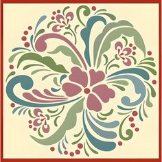 an ornate floral design in red, green and blue on a cream background with a red border