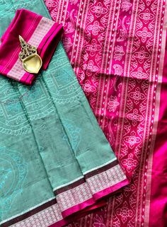 ✨This 8 ply master piece is woven ikkat (bandha) pure silk saree is in sage green color with pink border and Anchal..The saree has beautiful jhoti patterns that gives look like mandala patterned motif in the body and natuture inspired motifs like lotus, parrot and others. Both side of the saree have rudraksh border.  ✨ Comes with fall pico stitched and an unstitched blouse piece. 👉Sambalpuri Sarees of Odisha are known as the finest handloom.  👉The sarees reflect an original style of craft known as Baandha (Ikat) Traditionally. 👉These Baandhas are hand weaved with images of flora or fauna or with geometrical patterns or temple inspired motifs.  💫Adorn elegance in this gorgeous Sambalpuri Ikat pure silk saree from us.  Note- Slight variation in color possible due to how the camera captur Transitional Pink Tussar Silk Sets, Pink Katan Silk Sets With Motifs, Pink Handloom Raw Silk Pre-draped Saree, Designer Pink Saree With Motifs, Pink Paithani Silk Set In Traditional Drape, Pink Raw Silk Saree With Motifs, Pink Tussar Silk Handloom Pre-draped Saree, Pink Handloom Tussar Silk Pre-draped Saree, Pink Chanderi Saree With Traditional Patterns