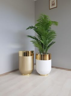 two gold and white planters sitting next to each other on a hard wood floor