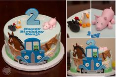 the birthday cake is decorated with farm animals