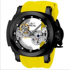 With An Oversized 54mm Case Housing A Skeletonized Dial, This Invicta Man Of War Ghost Is Just About As Eye-Catching As They Come! While You Admire The Automatic Movement In All Its Glory, Your Wrist Will Stay Comfortable Thanks To A Flexible Silicone Strap. Comes With All Paperwork And Watch Box. Watch Details Movement Type: China Lg0801b Automatic Movement Country Of Origin: China Case Size: 54mm. Case Thickness: 19mm. Case Material: Stainless Steel Bezel Type: Fixed Crystal Type: Mineral Dial Down Band, Mens Invicta Watches, Skeleton Watches, Gold Watch Men, Best Watches For Men, Invicta Watches, Mens Gold, Silicon Bands, Black Case