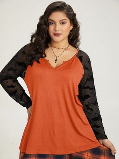 Halloween V Neck Patchwork Mesh T-shirt – BloomChic Fall Patchwork Short Sleeve T-shirt, Fall Patchwork Short Sleeve Tops, Casual V-neck Halloween Tops, Black Raglan Sleeve T-shirt For Fall, Short Sleeve Patchwork T-shirt For Fall, Orange Patchwork Crew Neck Top, Fall V-neck Graphic Tee T-shirt, Mesh T Shirt, Winter Colors