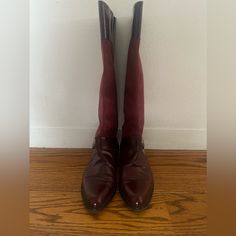 Burgundy Color. Leather And Suede With Gold Buckle Flat Boots Burgundy Snip Toe Boots For Formal Occasions, Fall Burgundy Boots With Leather Lining, Burgundy Calf Leather Boots For Fall, Burgundy Leather Knee-high Boots, Burgundy Almond Toe Boots Medium Width, Formal Burgundy Boots Medium Width, Bally Shoes, Womens Riding Boots, Buckled Flats