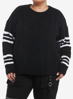 Add some cozy and preppy vibes to your look with this knit sweater! It has a classic cable knit design at the center and contrast white varsity stripes down the sleeves. Comes in a relaxed  oversized fit.100% acrylicWash cold; dry flatLength: 32"Oversized fitImportedModel is 5'10"Model wears size 1 Plus Size Hot, Preppy Vibes, Sweater Plus Size, Emily The Strange, Sweater Plus, Girls Sweater, Girls Sweaters, Lilo And Stitch, Hoodie Top